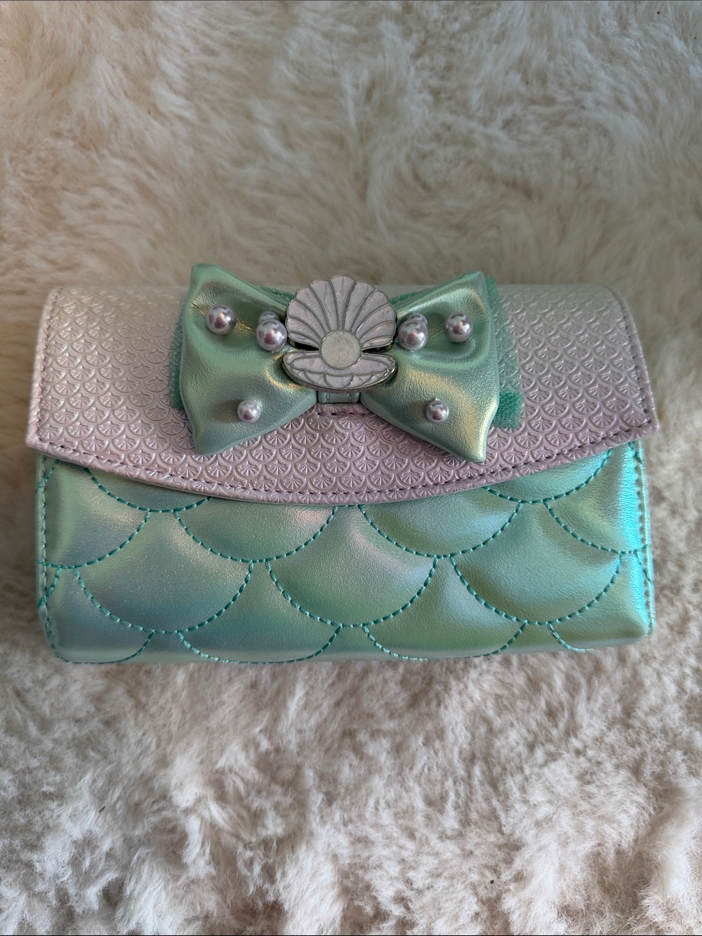 Iridescent Disney Loungefly “Little Mermaid” Mint Bow Wallet with Shell Accent
